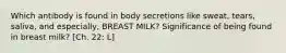 Which antibody is found in body secretions like sweat, tears, saliva, and especially, BREAST MILK? Significance of being found in breast milk? [Ch. 22: L]