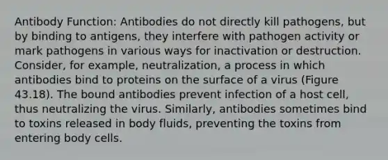 Antibody Function: Antibodies do not directly kill pathogens, but by binding to antigens, they interfere with pathogen activity or mark pathogens in various ways for inactivation or destruction. Consider, for example, neutralization, a process in which antibodies bind to proteins on the surface of a virus (Figure 43.18). The bound antibodies prevent infection of a host cell, thus neutralizing the virus. Similarly, antibodies sometimes bind to toxins released in body fluids, preventing the toxins from entering body cells.