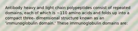 Antibody heavy and light chain polypeptides consist of repeated domains, each of which is ~110 amino acids and folds up into a compact three- dimensional structure known as an 'immunoglobulin domain.' These immunoglobulin domains are: