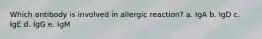 Which antibody is involved in allergic reaction? a. IgA b. IgD c. IgE d. IgG e. IgM