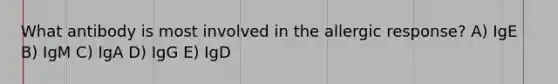 What antibody is most involved in the allergic response? A) IgE B) IgM C) IgA D) IgG E) IgD