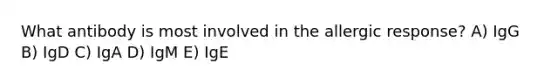 What antibody is most involved in the allergic response? A) IgG B) IgD C) IgA D) IgM E) IgE