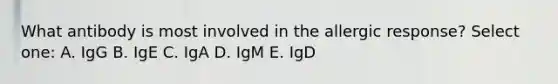 What antibody is most involved in the allergic response? Select one: A. IgG B. IgE C. IgA D. IgM E. IgD