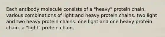 Each antibody molecule consists of a "heavy" protein chain. various combinations of light and heavy protein chains. two light and two heavy protein chains. one light and one heavy protein chain. a "light" protein chain.