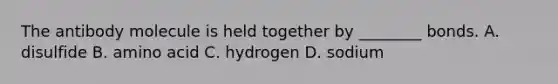 The antibody molecule is held together by ________ bonds. A. disulfide B. amino acid C. hydrogen D. sodium