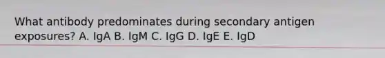 What antibody predominates during secondary antigen exposures? A. IgA B. IgM C. IgG D. IgE E. IgD