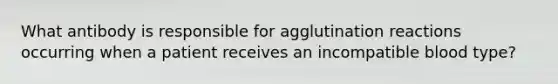 What antibody is responsible for agglutination reactions occurring when a patient receives an incompatible blood type?