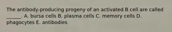 The antibody-producing progeny of an activated B cell are called ______. A. bursa cells B. plasma cells C. memory cells D. phagocytes E. antibodies