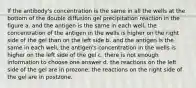 If the antibody's concentration is the same in all the wells at the bottom of the double diffusion gel precipitation reaction in the figure a. and the antigen is the same in each well, the concentration of the antigen in the wells is higher on the right side of the gel than on the left side b. and the antigen is the same in each well, the antigen's concentration in the wells is higher on the left side of the gel c. there is not enough information to choose one answer d. the reactions on the left side of the gel are in prozone; the reactions on the right side of the gel are in postzone.