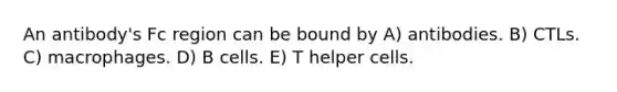 An antibody's Fc region can be bound by A) antibodies. B) CTLs. C) macrophages. D) B cells. E) T helper cells.