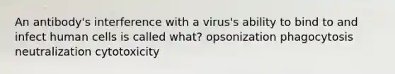 An antibody's interference with a virus's ability to bind to and infect human cells is called what? opsonization phagocytosis neutralization cytotoxicity