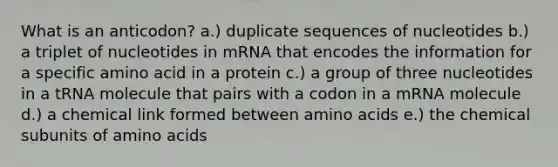 What is an anticodon? a.) duplicate sequences of nucleotides b.) a triplet of nucleotides in mRNA that encodes the information for a specific amino acid in a protein c.) a group of three nucleotides in a tRNA molecule that pairs with a codon in a mRNA molecule d.) a chemical link formed between amino acids e.) the chemical subunits of amino acids