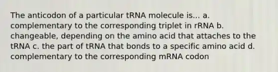 The anticodon of a particular tRNA molecule is... a. complementary to the corresponding triplet in rRNA b. changeable, depending on the amino acid that attaches to the tRNA c. the part of tRNA that bonds to a specific amino acid d. complementary to the corresponding mRNA codon