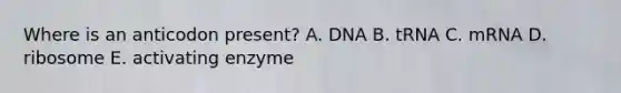 Where is an anticodon present? A. DNA B. tRNA C. mRNA D. ribosome E. activating enzyme