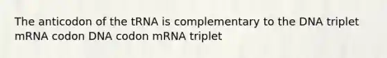 The anticodon of the tRNA is complementary to the DNA triplet mRNA codon DNA codon mRNA triplet