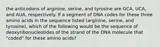 the anticodons of arginine, serine, and tyrosine are GCA, UCA, and AUA, respectively. If a segment of DNA codes for these three amino acids in the sequence listed (arginine, serine, and tyrosine), which of the following would be the sequence of deoxyribonucleotides of the strand of the DNA molecule that "coded" for these amino acids?