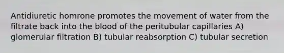 Antidiuretic homrone promotes the movement of water from the filtrate back into the blood of the peritubular capillaries A) glomerular filtration B) tubular reabsorption C) tubular secretion