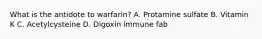 What is the antidote to warfarin? A. Protamine sulfate B. Vitamin K C. Acetylcysteine D. Digoxin immune fab