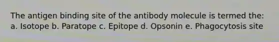 The antigen binding site of the antibody molecule is termed the: a. Isotope b. Paratope c. Epitope d. Opsonin e. Phagocytosis site