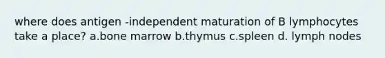 where does antigen -independent maturation of B lymphocytes take a place? a.bone marrow b.thymus c.spleen d. lymph nodes