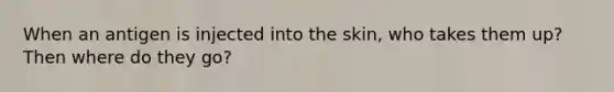 When an antigen is injected into the skin, who takes them up? Then where do they go?