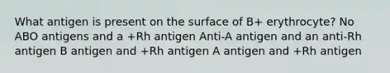 What antigen is present on the surface of B+ erythrocyte? No ABO antigens and a +Rh antigen Anti-A antigen and an anti-Rh antigen B antigen and +Rh antigen A antigen and +Rh antigen