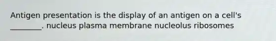 Antigen presentation is the display of an antigen on a cell's ________. nucleus plasma membrane nucleolus ribosomes