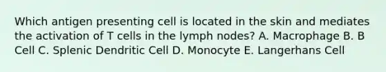 Which antigen presenting cell is located in the skin and mediates the activation of T cells in the lymph nodes? A. Macrophage B. B Cell C. Splenic Dendritic Cell D. Monocyte E. Langerhans Cell