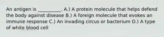 An antigen is __________. A.) A protein molecule that helps defend the body against disease B.) A foreign molecule that evokes an immune response C.) An invading circus or bacterium D.) A type of white blood cell