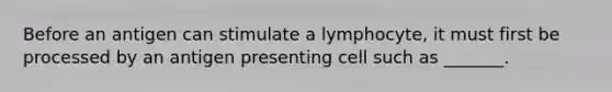 Before an antigen can stimulate a lymphocyte, it must first be processed by an antigen presenting cell such as _______.