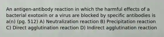 An antigen-antibody reaction in which the harmful effects of a bacterial exotoxin or a virus are blocked by specific antibodies is a(n) (pg. 512) A) Neutralization reaction B) Precipitation reaction C) Direct agglutination reaction D) Indirect agglutination reaction