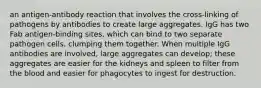 an antigen-antibody reaction that involves the cross-linking of pathogens by antibodies to create large aggregates. IgG has two Fab antigen-binding sites, which can bind to two separate pathogen cells, clumping them together. When multiple IgG antibodies are involved, large aggregates can develop; these aggregates are easier for the kidneys and spleen to filter from the blood and easier for phagocytes to ingest for destruction.