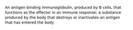 An antigen-binding immunoglobulin, produced by B cells, that functions as the effector in an immune response; a substance produced by the body that destroys or inactivates an antigen that has entered the body