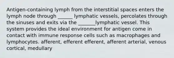 Antigen-containing lymph from the interstitial spaces enters the lymph node through ______ lymphatic vessels, percolates through the sinuses and exits via the _______lymphatic vessel. This system provides the ideal environment for antigen come in contact with immune response cells such as macrophages and lymphocytes. afferent, efferent efferent, afferent arterial, venous cortical, medullary