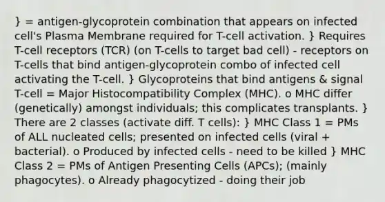 } = antigen-glycoprotein combination that appears on infected cell's Plasma Membrane required for T-cell activation. } Requires T-cell receptors (TCR) (on T-cells to target bad cell) - receptors on T-cells that bind antigen-glycoprotein combo of infected cell activating the T-cell. } Glycoproteins that bind antigens & signal T-cell = Major Histocompatibility Complex (MHC). o MHC differ (genetically) amongst individuals; this complicates transplants. } There are 2 classes (activate diff. T cells): } MHC Class 1 = PMs of ALL nucleated cells; presented on infected cells (viral + bacterial). o Produced by infected cells - need to be killed } MHC Class 2 = PMs of Antigen Presenting Cells (APCs); (mainly phagocytes). o Already phagocytized - doing their job