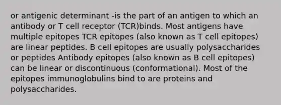 or antigenic determinant -is the part of an antigen to which an antibody or T cell receptor (TCR)binds. Most antigens have multiple epitopes TCR epitopes (also known as T cell epitopes) are linear peptides. B cell epitopes are usually polysaccharides or peptides Antibody epitopes (also known as B cell epitopes) can be linear or discontinuous (conformational). Most of the epitopes immunoglobulins bind to are proteins and polysaccharides.