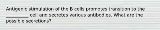 Antigenic stimulation of the B cells promotes transition to the __________ cell and secretes various antibodies. What are the possible secretions?