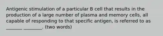 Antigenic stimulation of a particular B cell that results in the production of a large number of plasma and memory cells, all capable of responding to that specific antigen, is referred to as _______ ________. (two words)