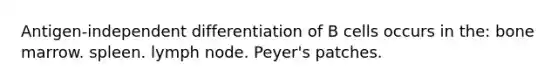 Antigen-independent differentiation of B cells occurs in the: bone marrow. spleen. lymph node. Peyer's patches.