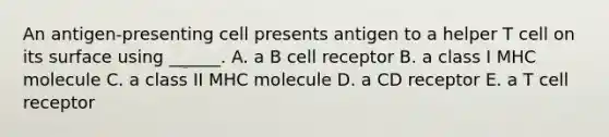 An antigen-presenting cell presents antigen to a helper T cell on its surface using ______. A. a B cell receptor B. a class I MHC molecule C. a class II MHC molecule D. a CD receptor E. a T cell receptor