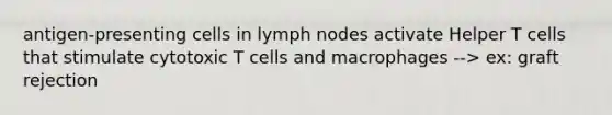 antigen-presenting cells in lymph nodes activate Helper T cells that stimulate cytotoxic T cells and macrophages --> ex: graft rejection