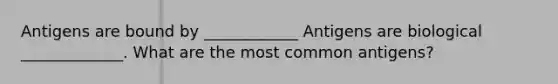 Antigens are bound by ____________ Antigens are biological _____________. What are the most common antigens?