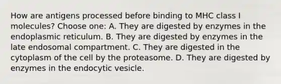 How are antigens processed before binding to MHC class I molecules? Choose one: A. They are digested by enzymes in the endoplasmic reticulum. B. They are digested by enzymes in the late endosomal compartment. C. They are digested in the cytoplasm of the cell by the proteasome. D. They are digested by enzymes in the endocytic vesicle.