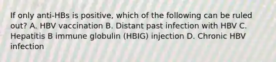 If only anti-HBs is positive, which of the following can be ruled out? A. HBV vaccination B. Distant past infection with HBV C. Hepatitis B immune globulin (HBIG) injection D. Chronic HBV infection