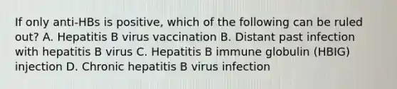 If only anti-HBs is positive, which of the following can be ruled out? A. Hepatitis B virus vaccination B. Distant past infection with hepatitis B virus C. Hepatitis B immune globulin (HBIG) injection D. Chronic hepatitis B virus infection