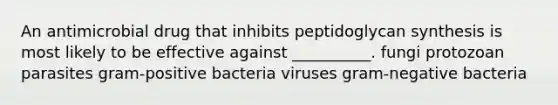 An antimicrobial drug that inhibits peptidoglycan synthesis is most likely to be effective against __________. fungi protozoan parasites gram-positive bacteria viruses gram-negative bacteria