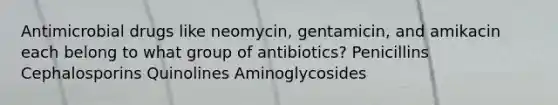 Antimicrobial drugs like neomycin, gentamicin, and amikacin each belong to what group of antibiotics? Penicillins Cephalosporins Quinolines Aminoglycosides