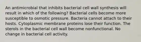 An antimicrobial that inhibits bacterial cell wall synthesis will result in which of the following? Bacterial cells become more susceptible to osmotic pressure. Bacteria cannot attach to their hosts. Cytoplasmic membrane proteins lose their function. The sterols in the bacterial cell wall become nonfunctional. No change in bacterial cell activity.