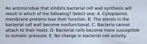 An antimicrobial that inhibits bacterial cell wall synthesis will result in which of the following? Select one: A. Cytoplasmic membrane proteins lose their function. B. The sterols in the bacterial cell wall become nonfunctional. C. Bacteria cannot attach to their hosts. D. Bacterial cells become more susceptible to osmotic pressure. E. No change in bacterial cell activity.