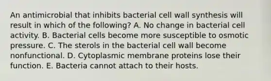 An antimicrobial that inhibits bacterial cell wall synthesis will result in which of the following? A. No change in bacterial cell activity. B. Bacterial cells become more susceptible to osmotic pressure. C. The sterols in the bacterial cell wall become nonfunctional. D. Cytoplasmic membrane proteins lose their function. E. Bacteria cannot attach to their hosts.